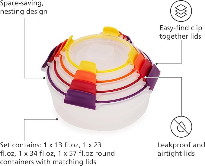 Joseph Joseph Nest Lock 8-piece Plastic BPA Free Round Food Storage Container