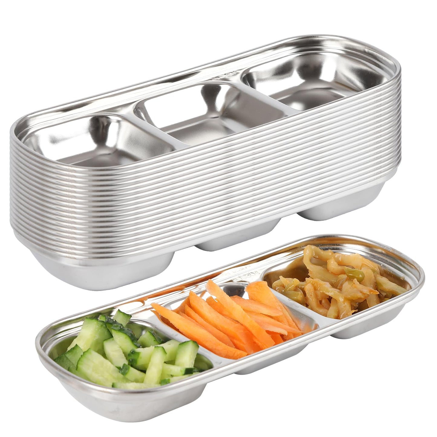 18 Pcs Soy Sauce Dishes, Stainless Steel Divided Dip Bowls, Korean 3-Compartment Sauce Plates for Home Restaurant BBQ, Vinegar, Spices, Ketchup, Salt, Sugar, and Flavors