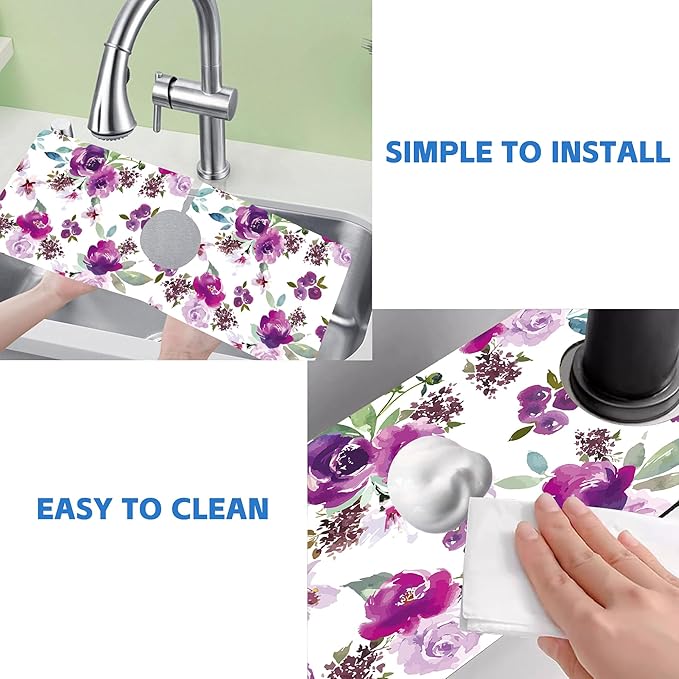 Watercolor Purple Flowers Faucet Absorbing Mat Splash Guard Draining Mat Fast