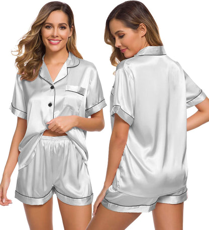 SWOMOG Womens Silk Satin Pajamas Set Short Sleeve Sleepwear Button Down Top and Shorts Loungewear 2 Piece Pjs Set XS-3XL