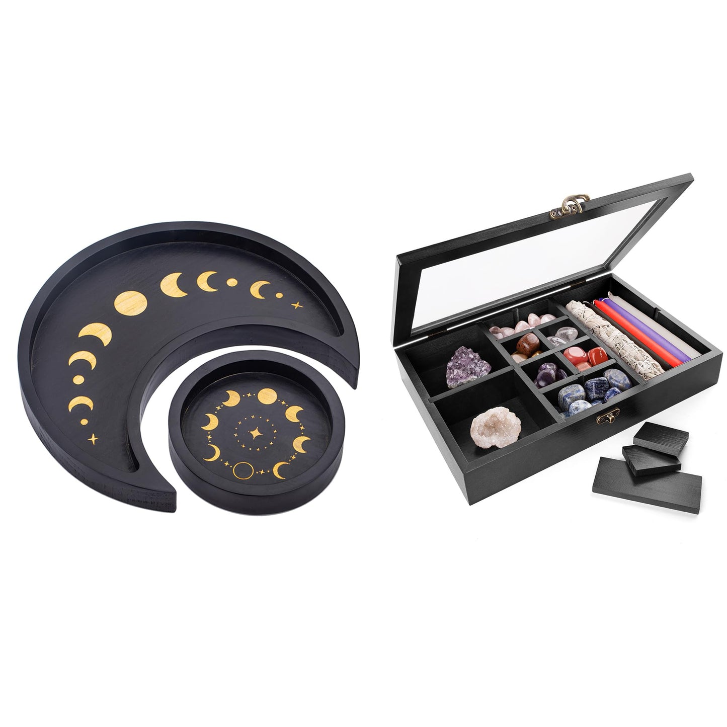 Crescent Moon Tray Crystal Holder Set, Adjustable Rock Display Case, Rock Collection Box with Shelves, Black Wood Crystal Organizer for Stones Storage,Gem Holder with Lid for Seashell