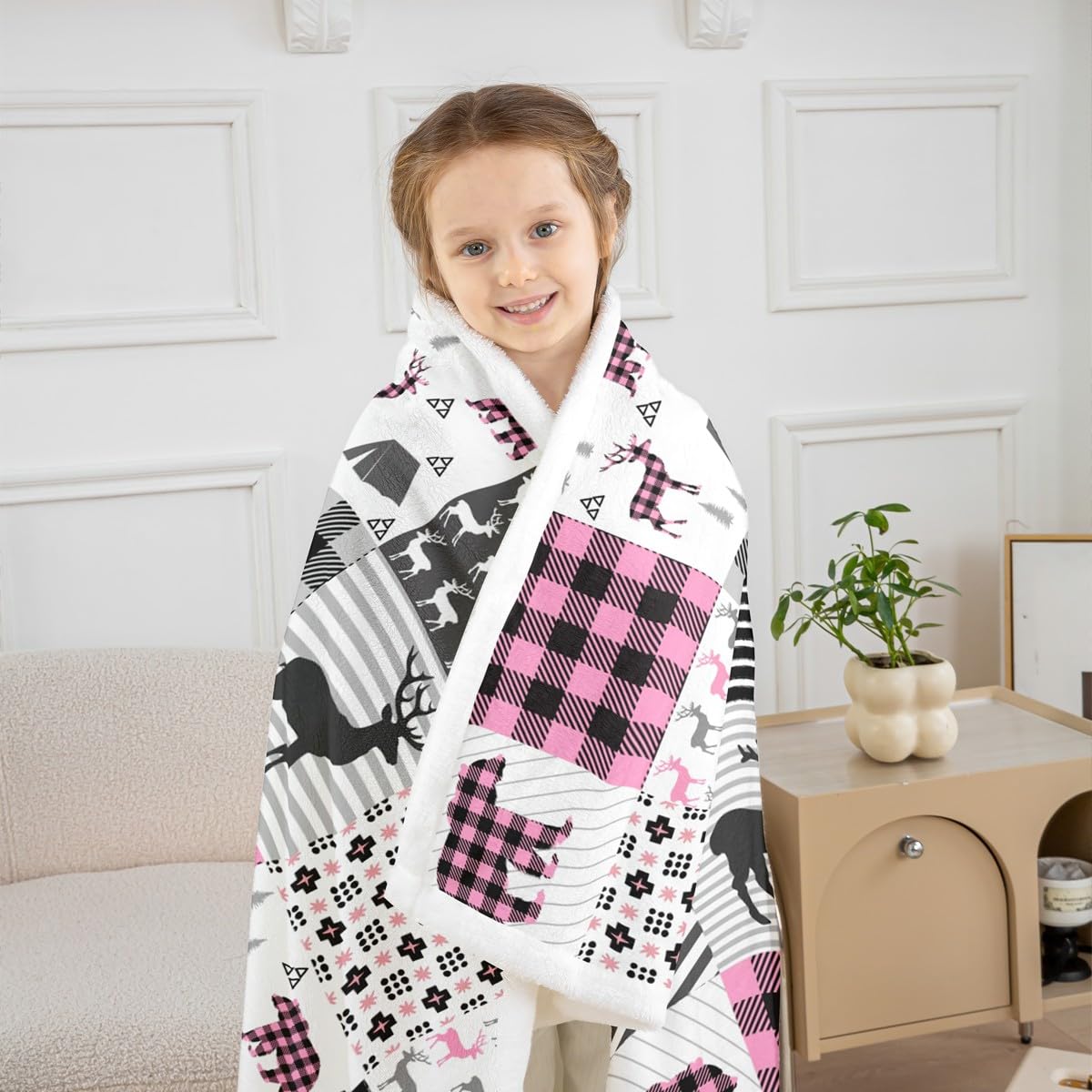 Deer Fleece Throw Blanket for Girls Boys - Pink Plaid Bear Antlers Plush Sherpa for Hunting and Camping - Bear Moose Lodge Patchwork Fuzzy Geometric Room Decor - Baby 30"x40"
