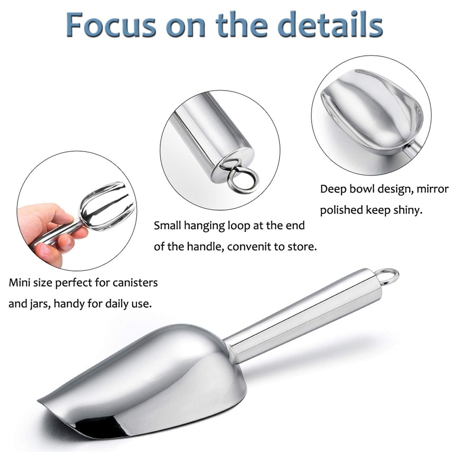 E-far Mini Scoop, 3 Ounce Stainless Steel Kitchen Utility Scoops, Ideal for Candy/Ice Cube/Flour/Sugar/Coffee Bean/Protein Powder, Food Grade & Anti Rust, Easy Clean & Dishwasher Safe (4 Pack)