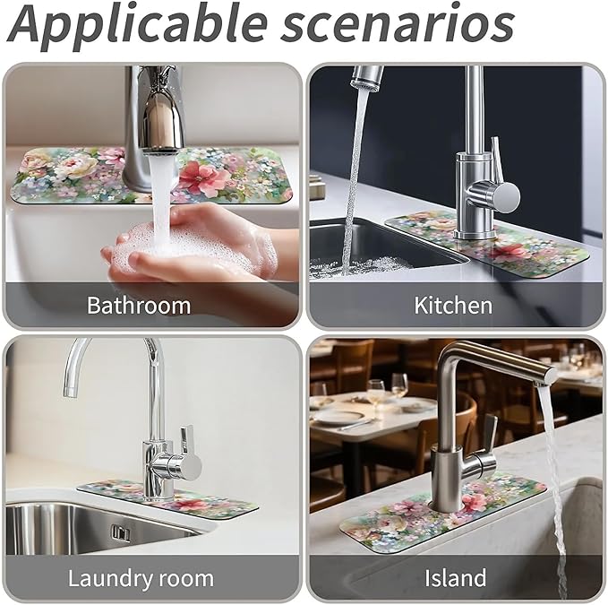 Kitchen Sink Splash Guard，soft-watercolor floral Faucet Mat Sink Gadgets-Super