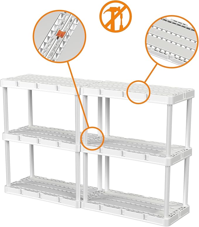 Gracious Living 3 Shelf Knect-A-Shelf Solid Light Duty Storage Unit 12 x 24 x 33" Organizer for Home, Garage, Basement & Laundry, White