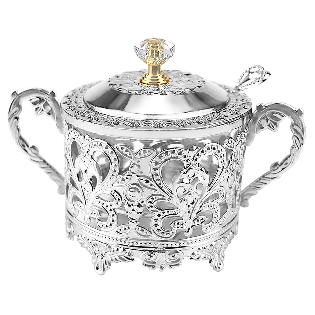 LNQ LUNIQI Glass Sugar Bowl with Lid and Spoon Vintage Kitchen Food Canister Condiment Pot Storage Jar Seasoning Containers for Home Restaurant Kitchen（Silver）