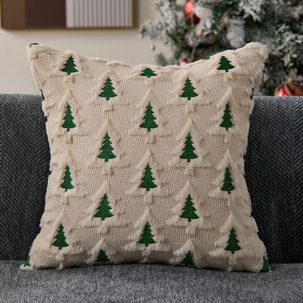 Allorry Christmas Pillow Covers 18x18 Set of 2 Beige Double Xmas Tree Pillow Covers Soft Plush Faux Fur Christmas Decorations for Xmas Winter Holiday Home Bedroom Sofa Cushion Cases PT-008C18