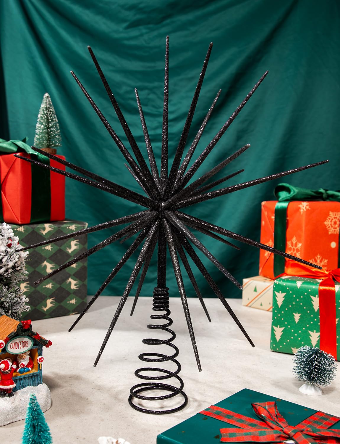 13.7 Inch Black Christmas Tree Topper - 3D Burst Black Tree Topper, Exploding Star Christmas Tree New Year Holiday Tree Decoration