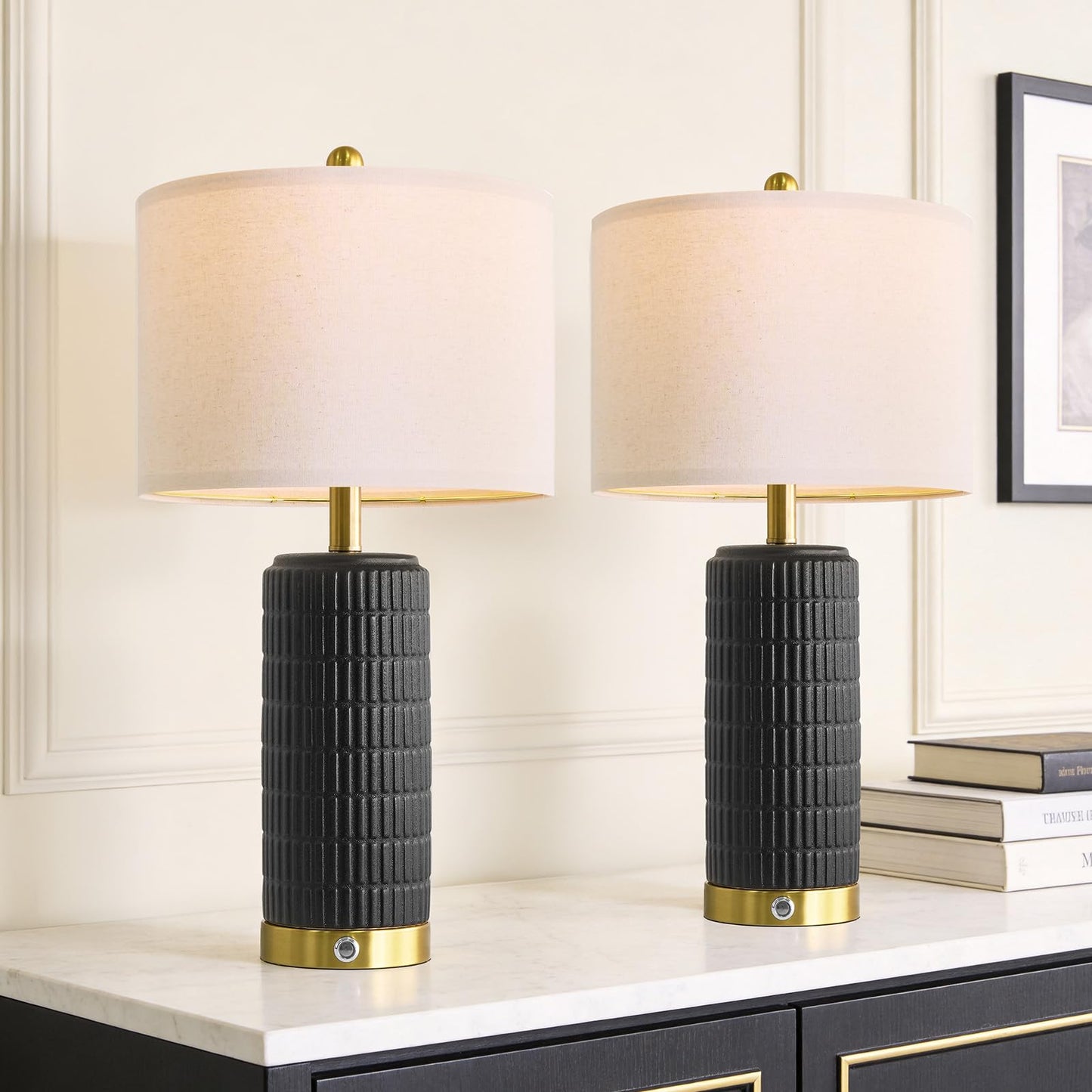 PoKat Ceramic Table Lamps Set of 2 for Living Room, 25'' Modern Touch Bedside Lamps for Bedroom with 2 USB Ports, Farmhouse Black Matte-Textured Nightstand Lamps Office Home Decor (Bulbs Included)