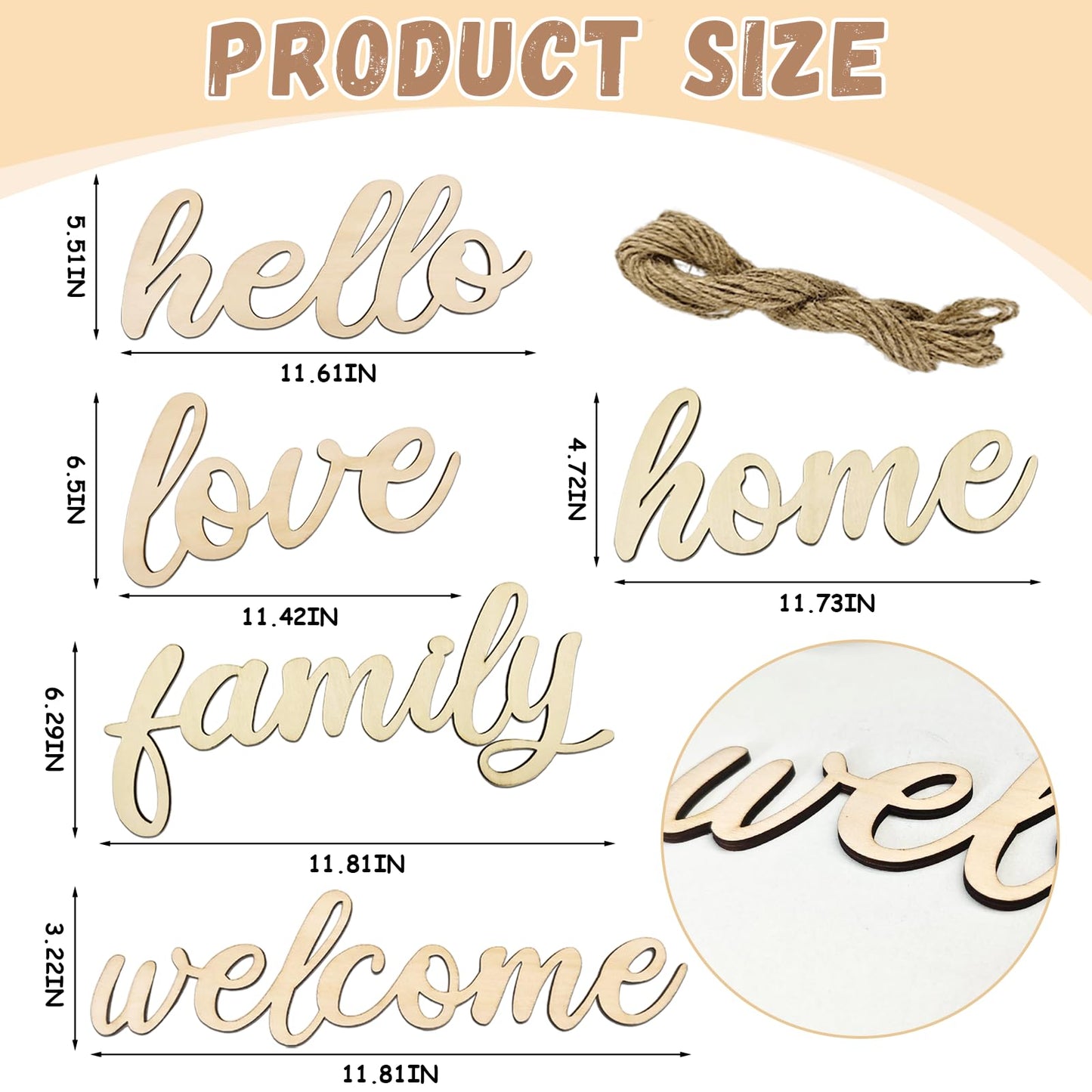 Zaruatu 5 Pcs Unfinished Wood Sign Cutout Wooden Hello Welcome Love Home Family Sign Wooden Hello Welcome Letter Block for Wreath Crafts Decorative Word Signs for Door Wall Christmas Trees (Wood)