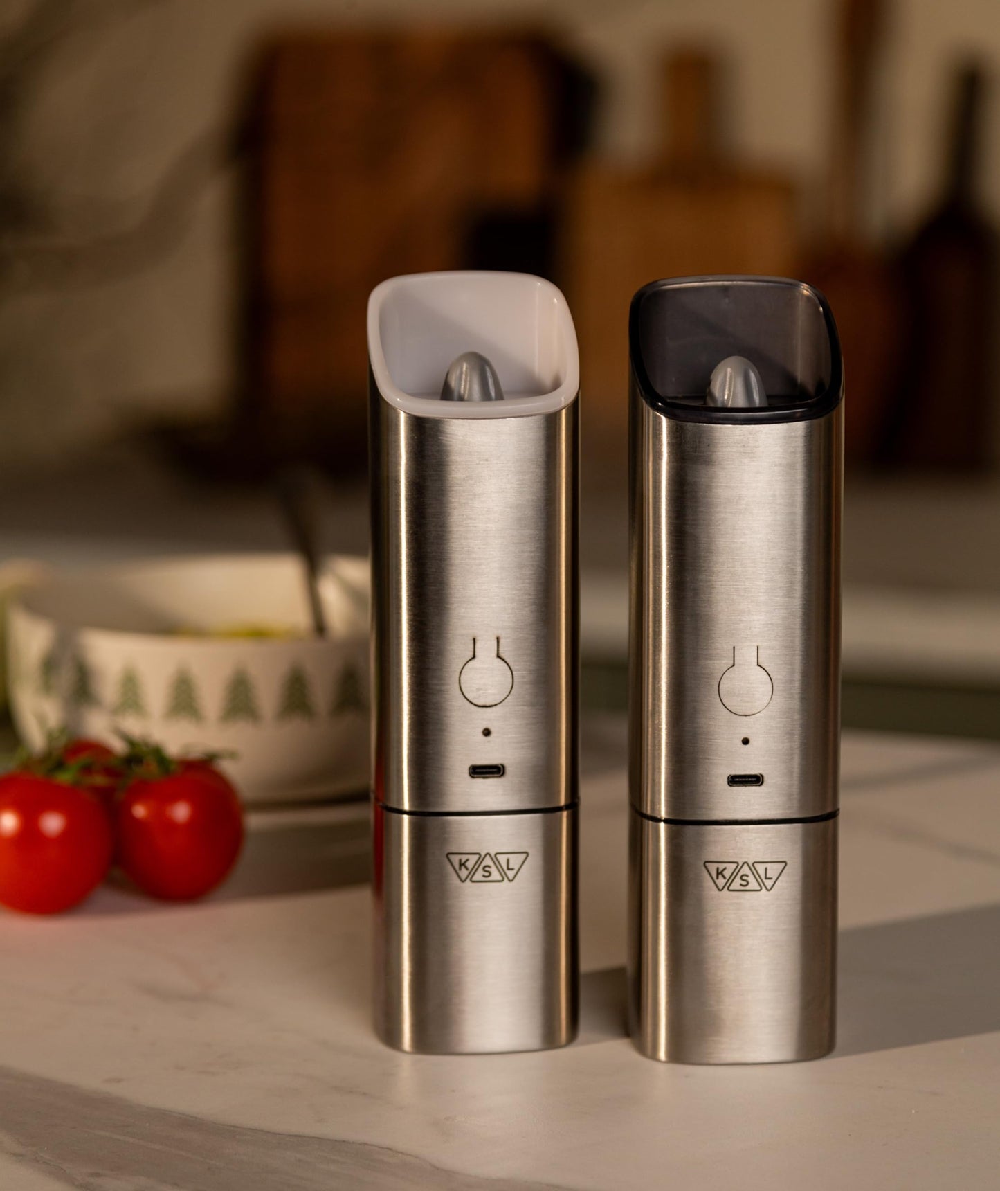 KSL Gravity Electric Salt and Pepper Grinder Set, USB Rechargeable, Automatic 1 Click Grinding 1 Hand Operated Adjustable Coarseness Pepper Mill