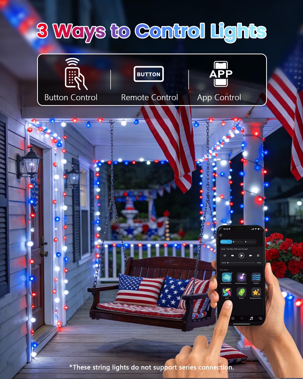300LED Smart 4th of July String Lights | 107FT App Controlled Red White and Blue American Flag Lights, Waterproof Patriotic RGB Color Changing String Lights with Remote & Timer Outdoor for Memory Day