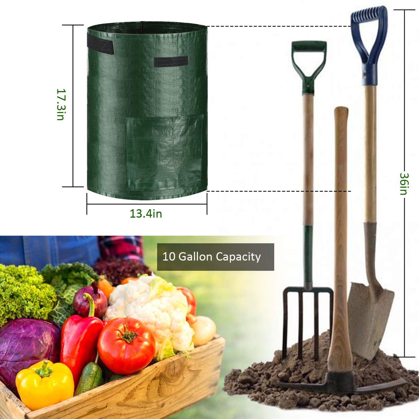 JJGoo 2 Pack 10 Gallon Garden Potato Grow Bags with Flap and Handles Aeration Fabric Planter Pots, Heavy Duty Potato Planters Garden Planting Bags for Onion, Fruits, Tomato, Carrot (Green)