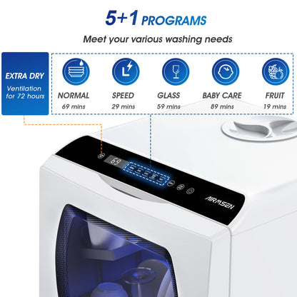 Portable Countertop Dishwashers, 5 Washing Programs Mini Dishwashers with 5 L Built-in Water Tank and Double-layered Glass Door, No Hookup Needed for Home, Apartments & RVs