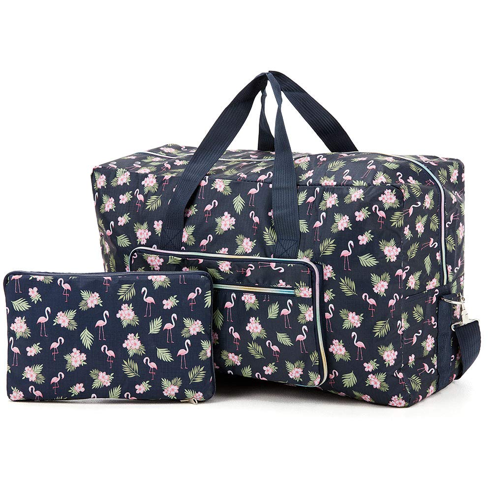 Arxus Large Foldable Duffel Tote Carry on Weekend Overnight Travel Bag Over Luggage with Shoulder Strap (Blue Flamingo)