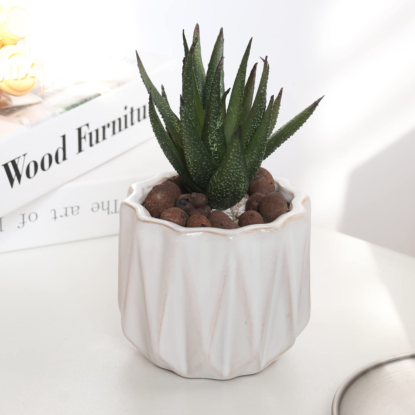 Padolitlay Plant Pot 4 Inch Ceramic Pots, Set of 2 Flower Pots Crackle Glaze Small Planters Pots with Drainage Hole and Mesh Pads for Indoor Outdoor Garden Pots Succulent, Cactus, Herbs (White)