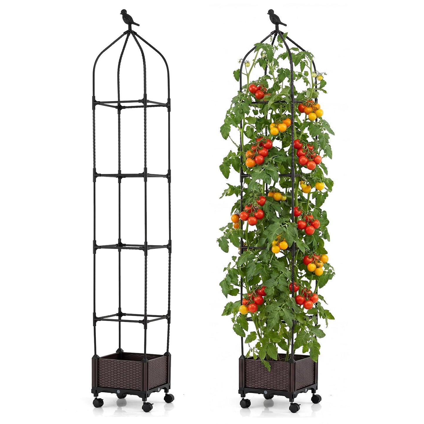HAPPYGRILL Raised Garden Bed with Trellis, Self-Watering Tomato Cages, 83” 67” 51” Adjustable Height, Indoor Outdoor Obelisk Planter Box w/Trellis & Wheels for Climbing Plants Vines Fruits (2)