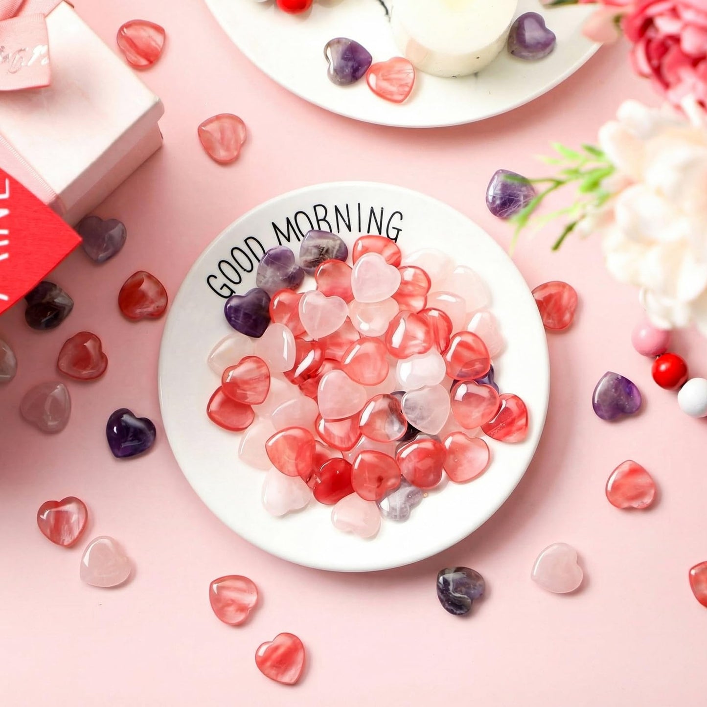 Soulchen 100 Pcs Valentine's Day Heart Healing Stone Bulk Inspirational Worry Love 0.8 Inch Quartz Heart Inspirational Stones Gift for Women Valentines Gift Natural Energy Balancing Meditation