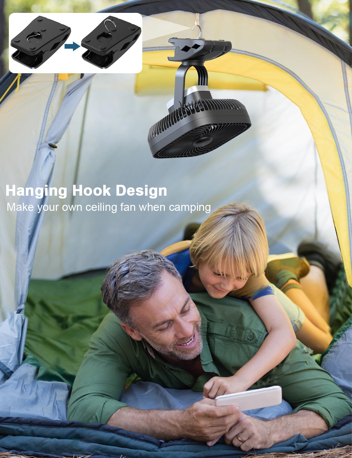 SLENPET 20000mAh Rechargeable Portable Clip on Fan, Last 78 hrs, 4 Speeds Camping Fan, Battery Operated Desk Fan with Light & Hook, 8 inch Personal Fan for Outdoor Golf Cart Stroller Camping