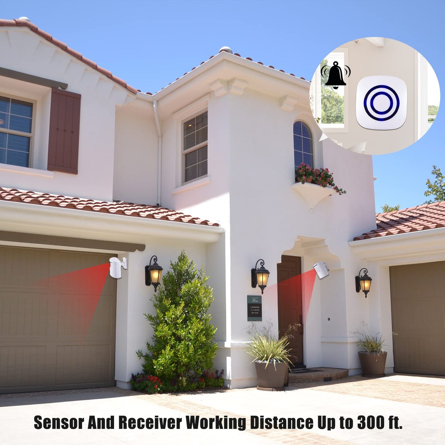 Motion Sensor Alarm, Long Range Wireless Driveway Alarm, Indoor Home Security System Electric Doorbells, 4 Motion Detector and 2 Alarm, 38 Chime Tunes, LED Indicator