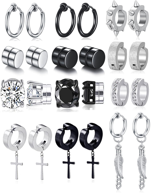 Ofeiyaa 12 Pairs Magnetic Stud Earrings Stainless Steel Non Pierced Earrings Punk CZ Hoop Dangle Hinged Feather Clip on Magnet Earring Set for Men Women Black Silver Tone