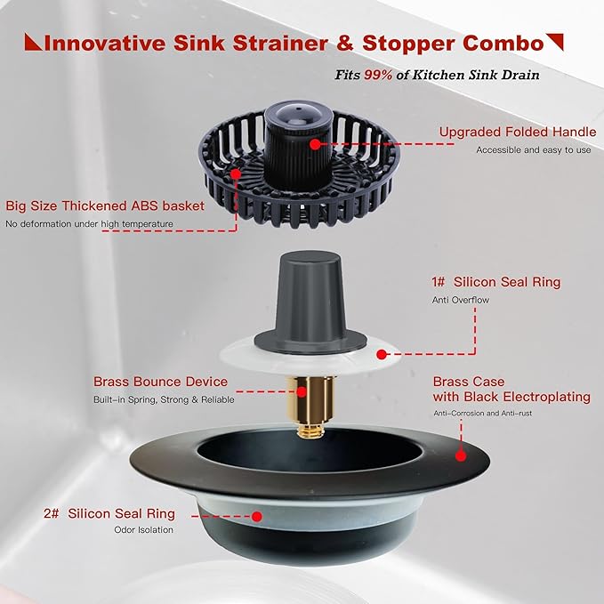 Kitchen Sink Drain Strainer 3 in 1, 304 Stainless Steel Pop Up Sink Stopper