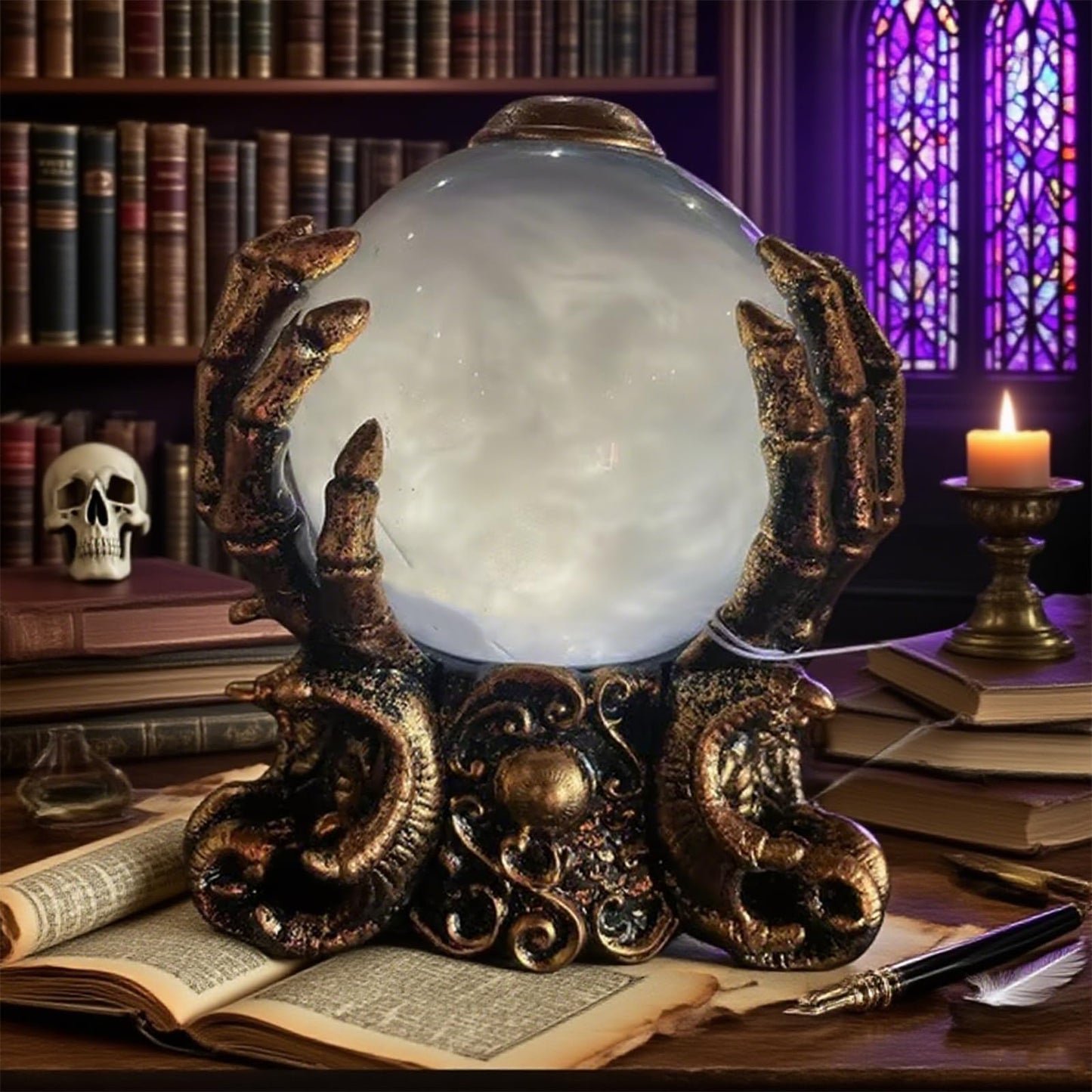 LED Lighted Animated Decor Halloween Crystal Ball with Fog,Skeleton Hand Holder Mystic Psychic Centerpiece Haunted House Gothic Decor for Home Party