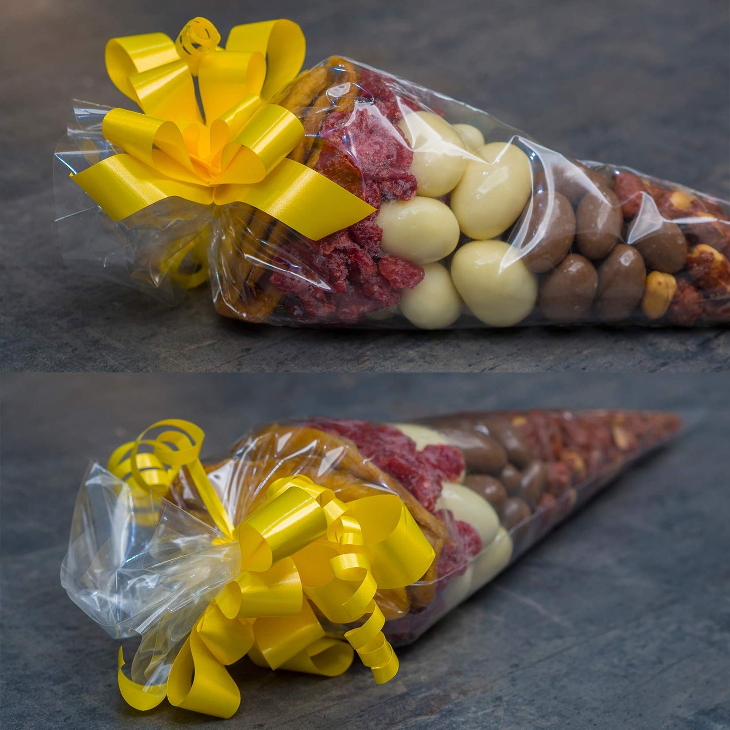 Morepack Cone Cellophane Bags,200 Pieces 6.3"x11.8" Cello Clear Cone Shaped Treat Bags with Twist Ties, Plastic Triangle Bag for Popcorn Favor Candy