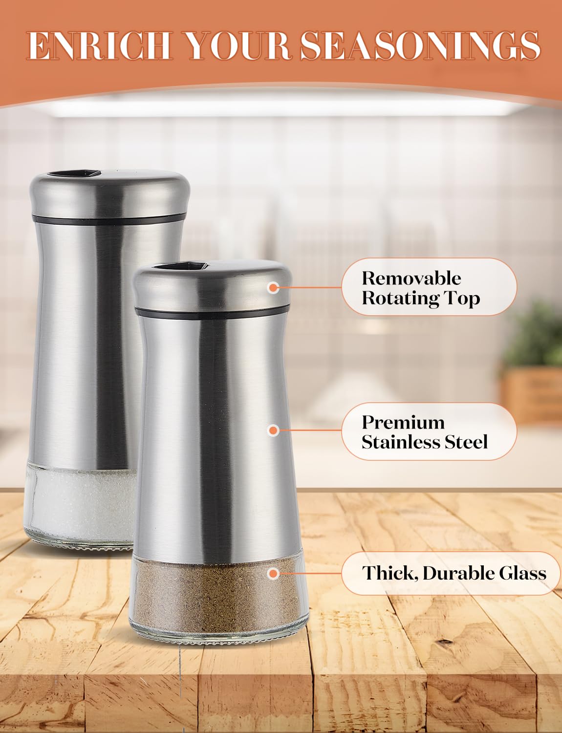 Salt and Pepper Shakers 2pcs with Adjustable Pour Holes Stainless Steel Salt Shaker and Pepper Shaker