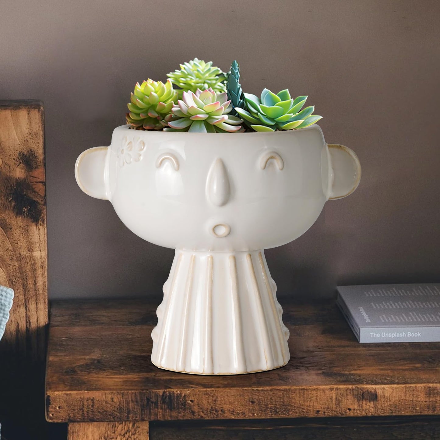 Fivepot Face Planter Pot 7 Inch - Cute Ceramic Flower Head Planter for Indoor Outdoor Succulent Pot with Drainage Hole Flower Pot Present for Mother Christmas White