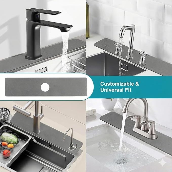 Customizable Kitchen Sink Faucet Mat: 30" Lx5.5 W Splash Guard, Pre-Cut Center