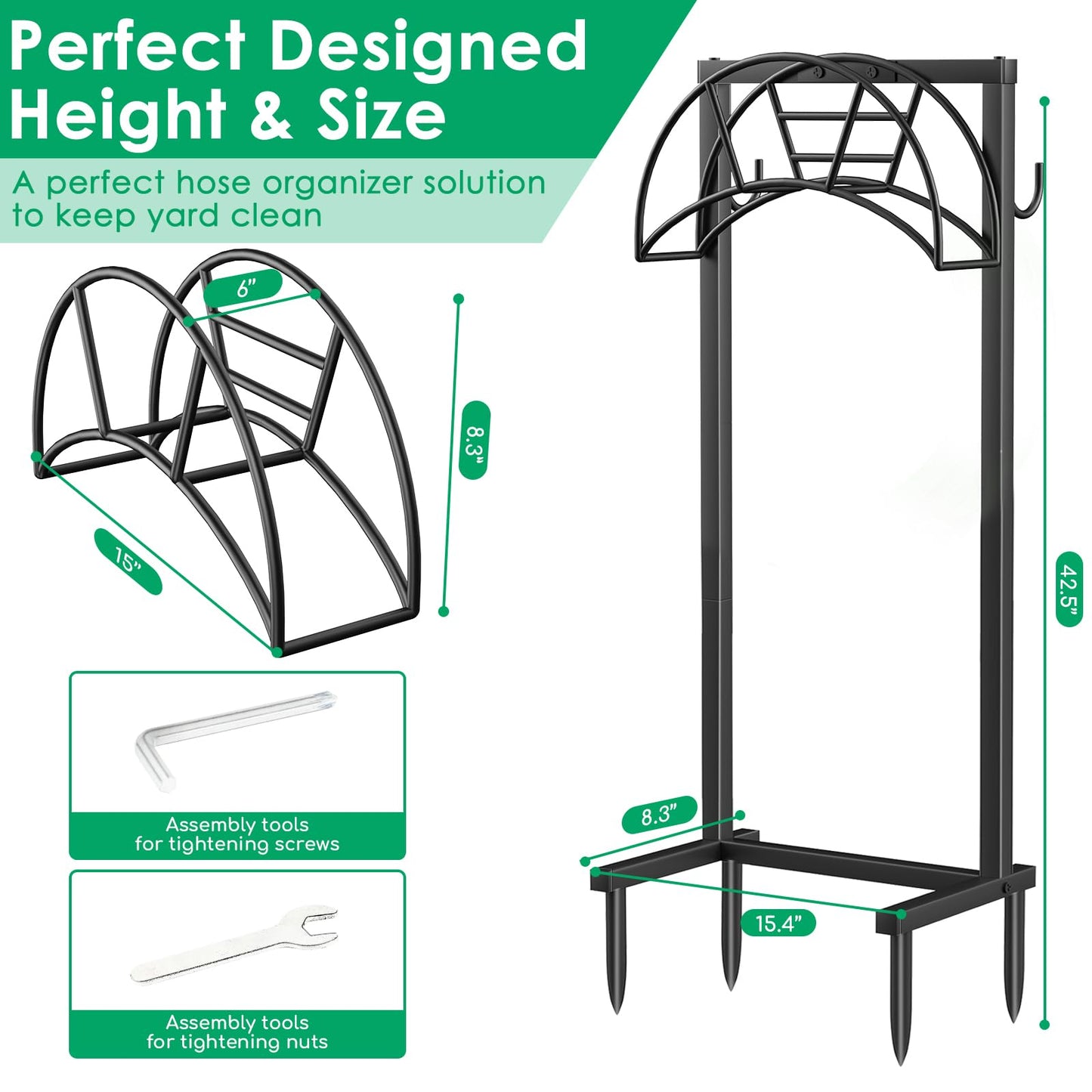TomCare Garden Hose Holder 4 Spikes Garden Hose Reel Hose Stand Upgraded Water Hose Storage with Tool Hooks Garden Hose Hanger Organizer Holds 160ft Hoses for Outside Yard Lawn, Black