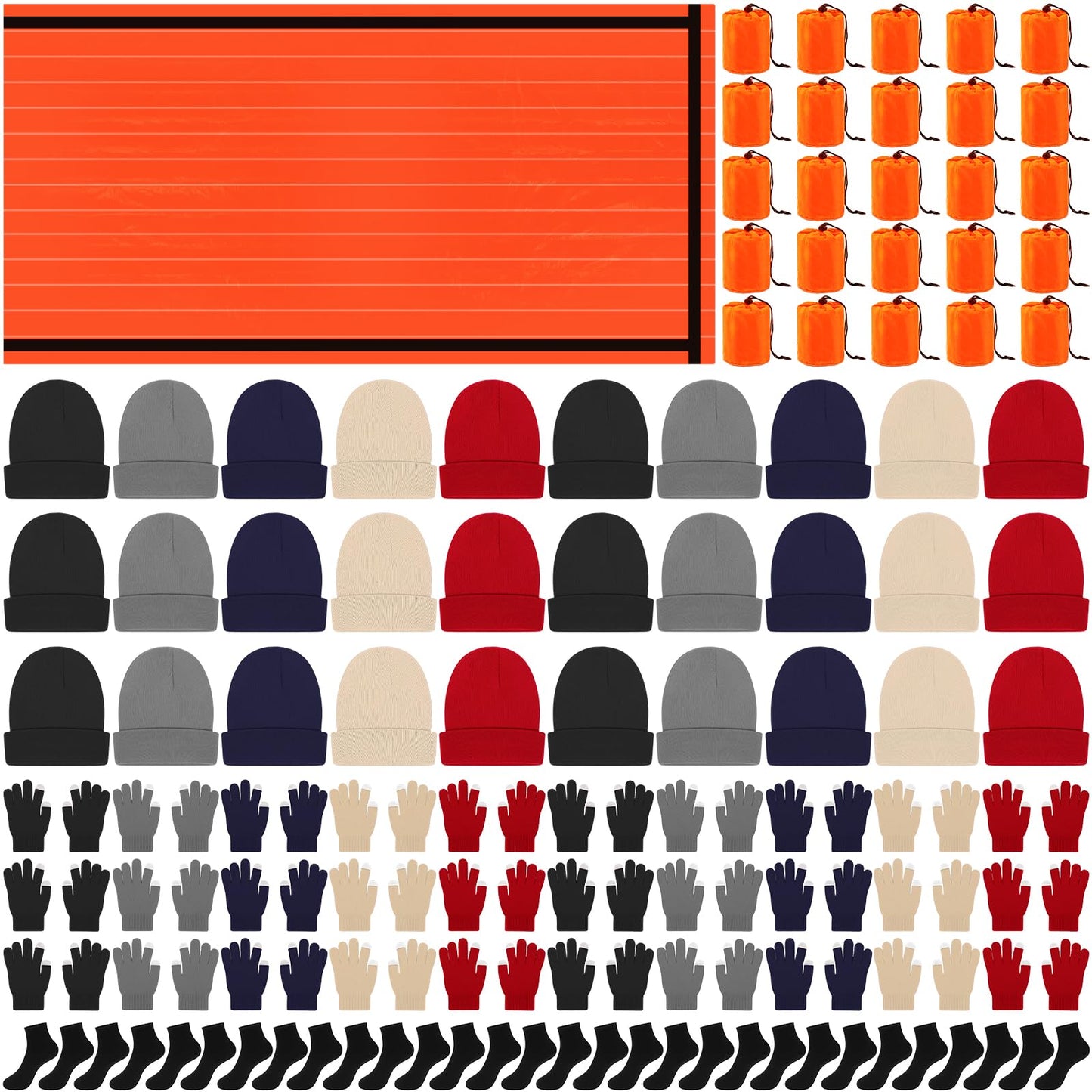 Chicingyou 120 Pcs Homeless Care Package Supplies Bulk Winter Emergency Thermal Blankets Warmer Beanie Socks Touchscreen Gloves for Men Women Cold Weather Outdoor Survival Kits(Multicolor)