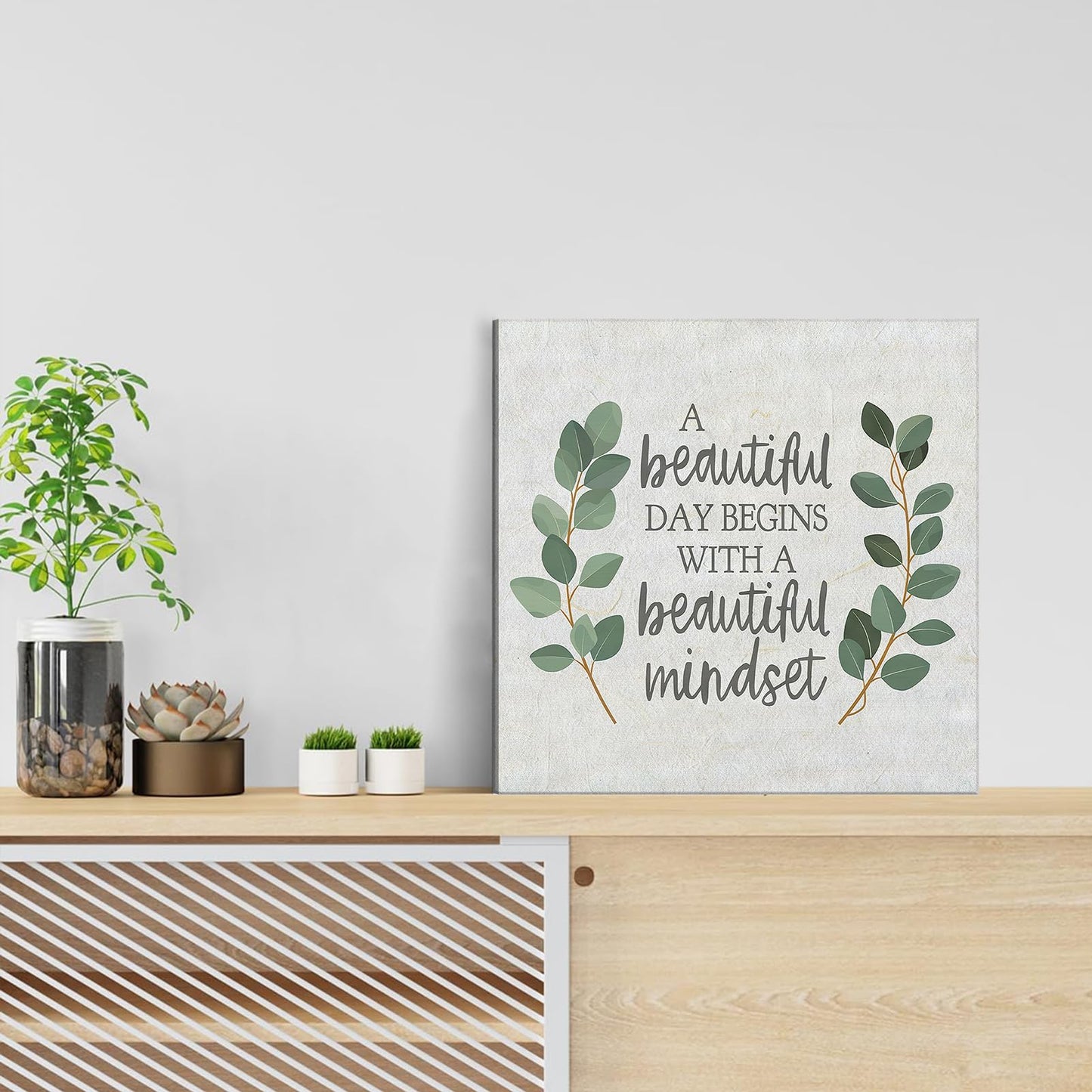 Framed Inspirational Wall Art Minimalist Eucalyptus Wall Decor Motivational Positive Quotes Canvas Posters Prints Green Botanical Pictures for Office Living Room Bedroom Decoration (12"x12")