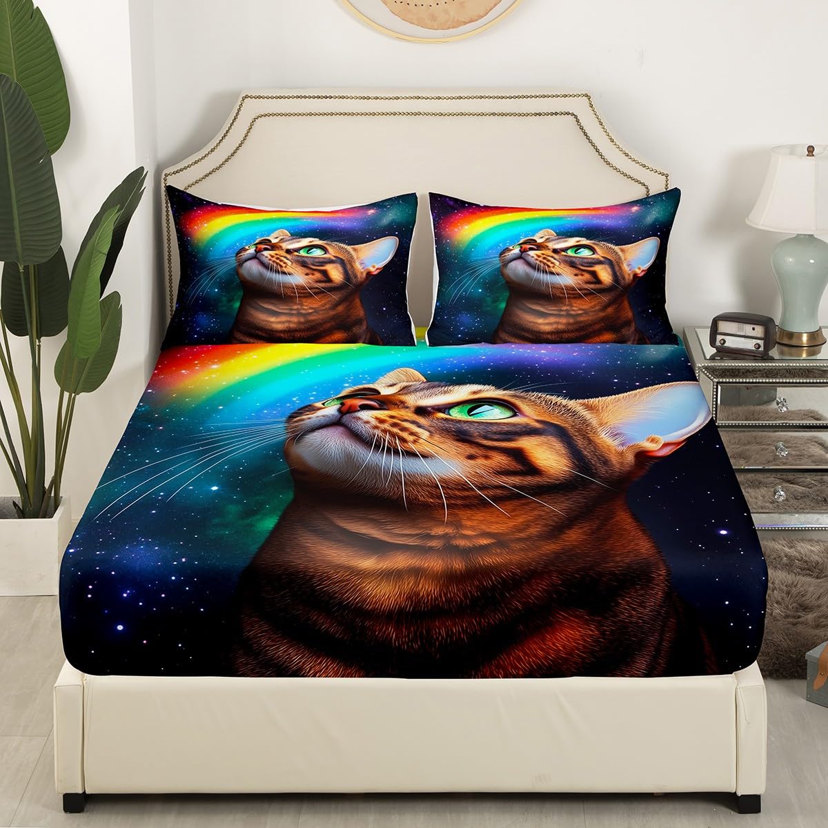 Erosebridal Galaxy Cat Fitted Sheet Twin Size, Rainbow Cat Bedding Set for Kids Children Girls Boys, Animal Themed Bed Cover, Fashion Starry Sky Decoration 2 Pcs Bedding Decor Set with 1 Pillowcase