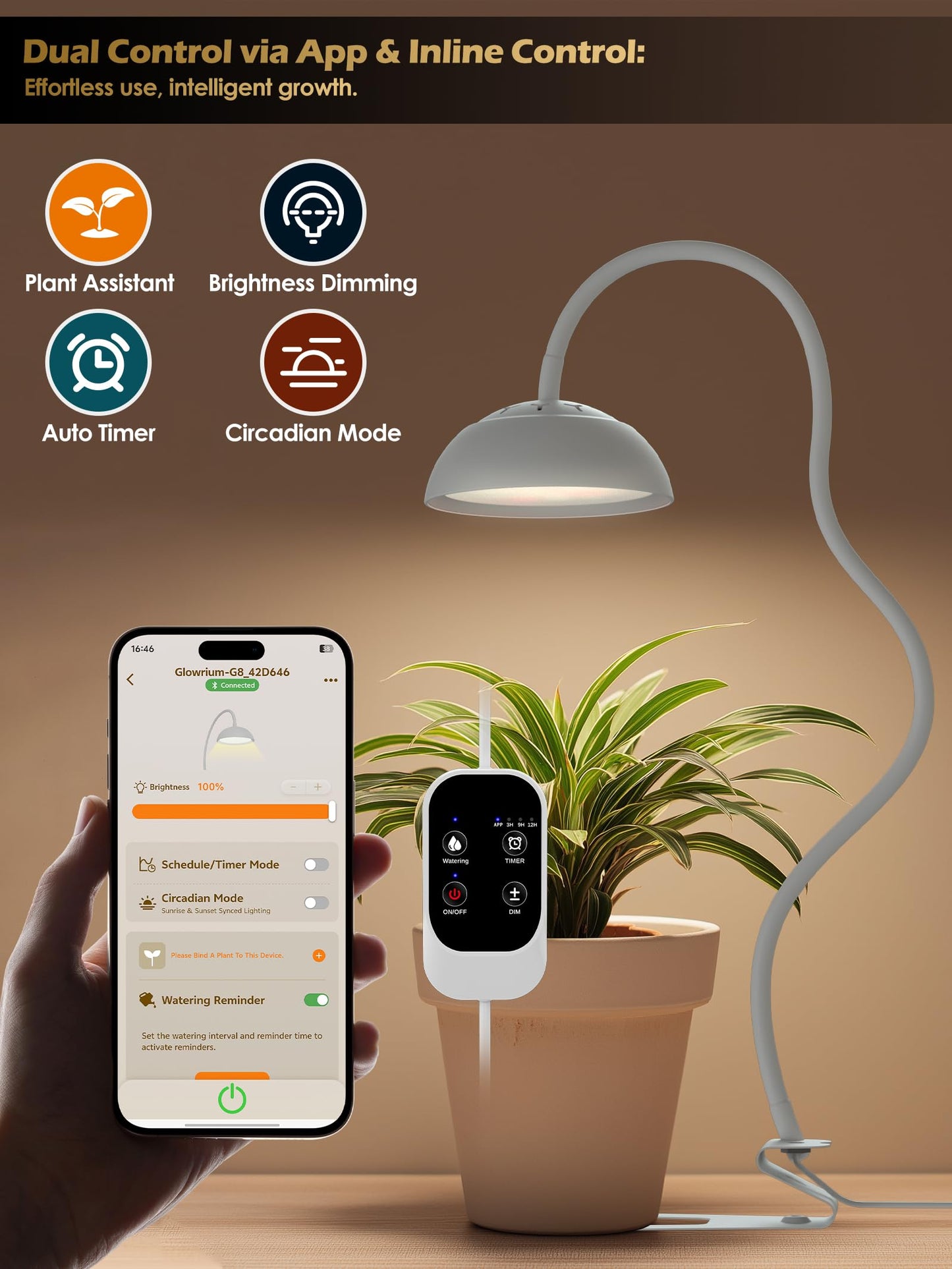 GLOWRIUM Smart Grow Lights for Indoor Plants,10W Full Spectrum LED Plant Light with 3/9/12 Timer,10 Dimmable Levels,Height Adjustable Grow Light with Base (White)