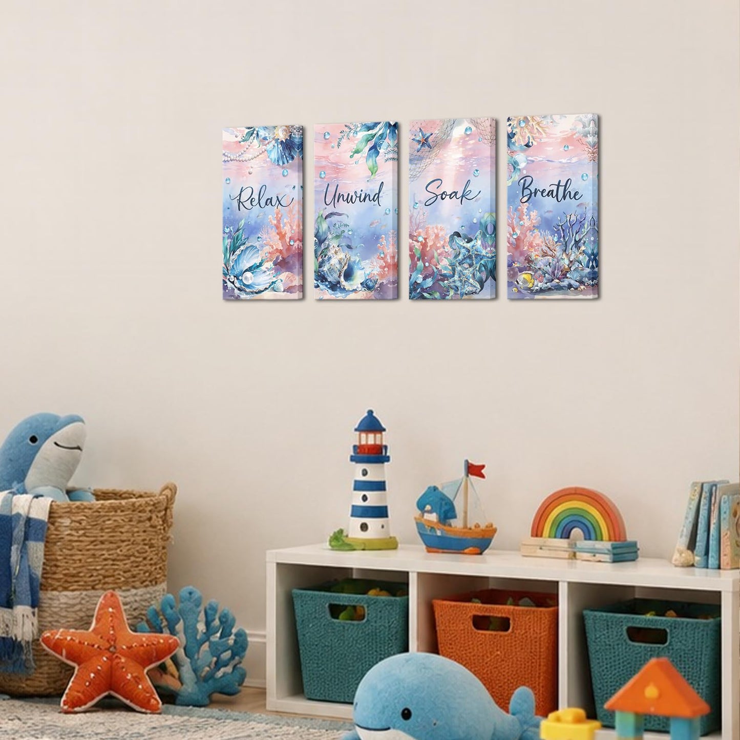 Nachic Wall Relax Unwind Soak Breathe Wall Art, Coastal Nautical Bathroom Canvas Decor, Ocean Seashell Prints for Spa Bedroom 8x12 Inchx4
