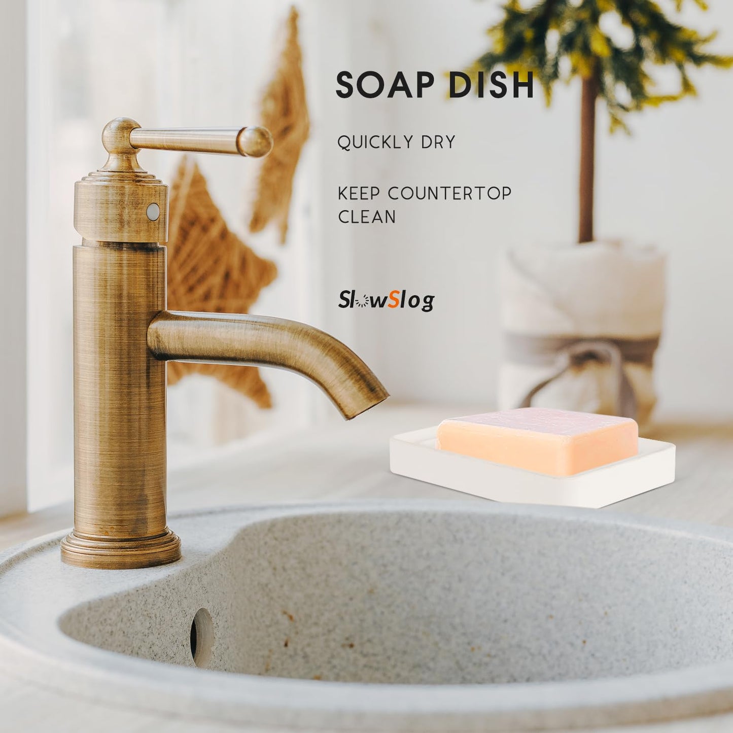 Slow Slog 1 Pack Diatomite Soap Dish Holder, Quick Dry Stone Bath Tray, Diatomaceous Earth Stone Soap Holder, Water Absorbent Rectangular Soap Dish for Bar Soap, White