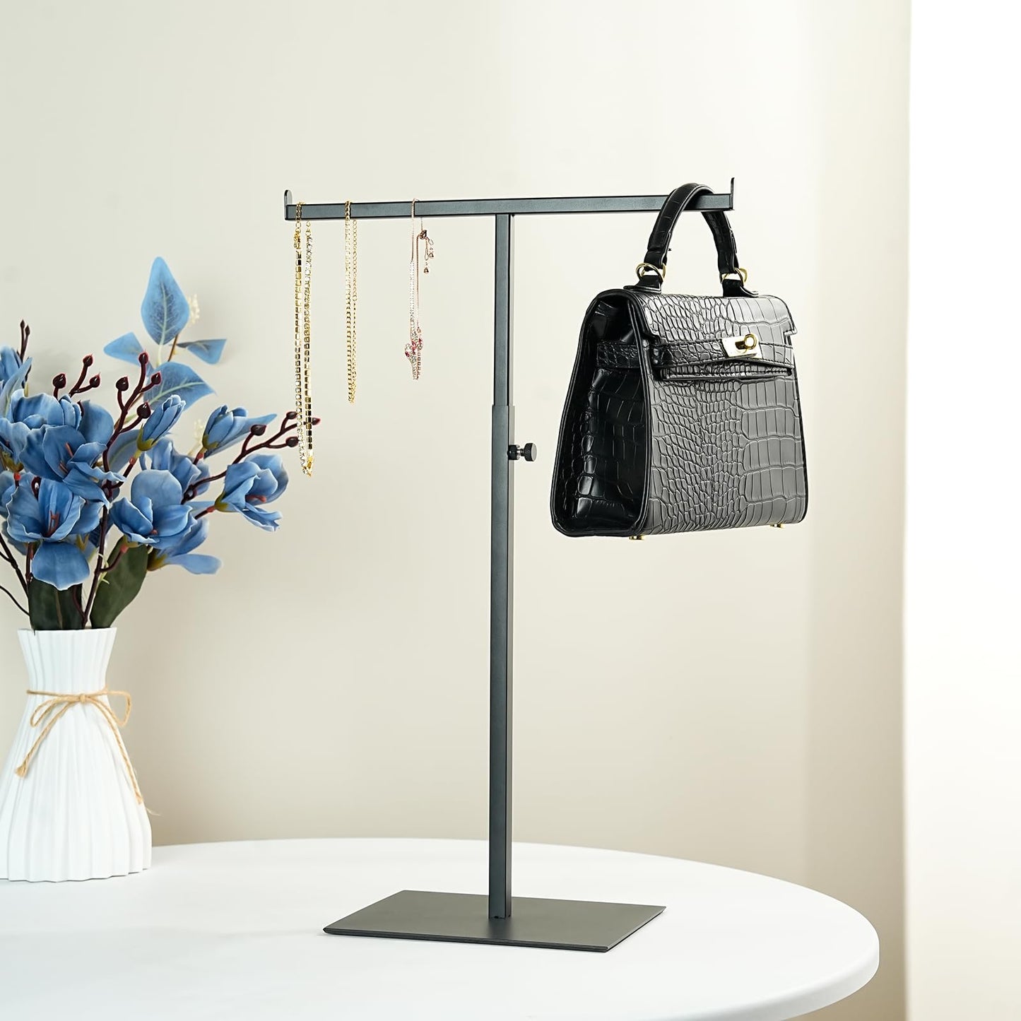 Purse Display Stand Jewelry Towers - 2 Pack Purse Stand Handbag Bag Display Black Tabletop Stainless Steel Hook Hanging Jewelry Stands for Necklaces Organizer Adjustable Height Home Store Boutique