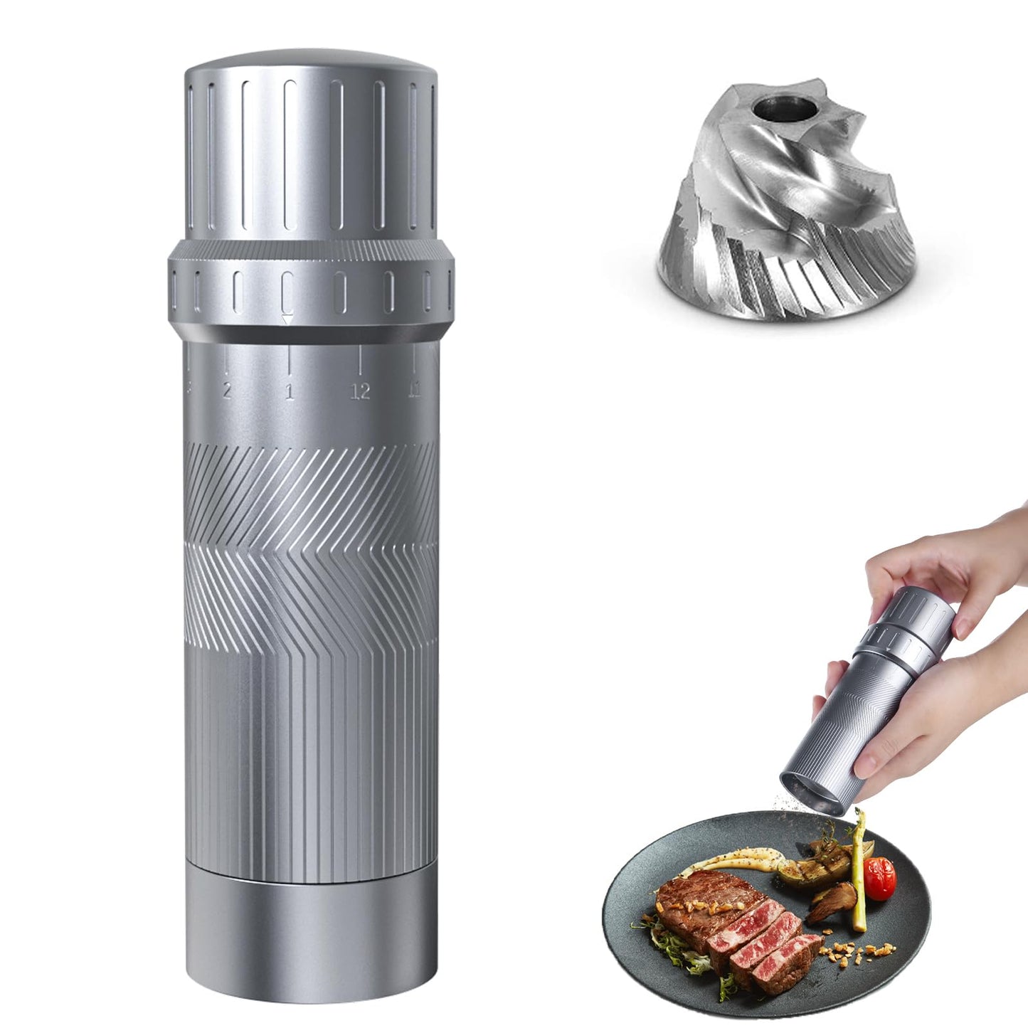 Luvan Professional Grade Pepper Grinder,External Adjustable Coarseness Manual Pepper Mill Grinder, Heavy Duty Aluminum Coarse Pepper Grinder Refillable,Spice Grinder with Stainless Steel Burrs (Gray)