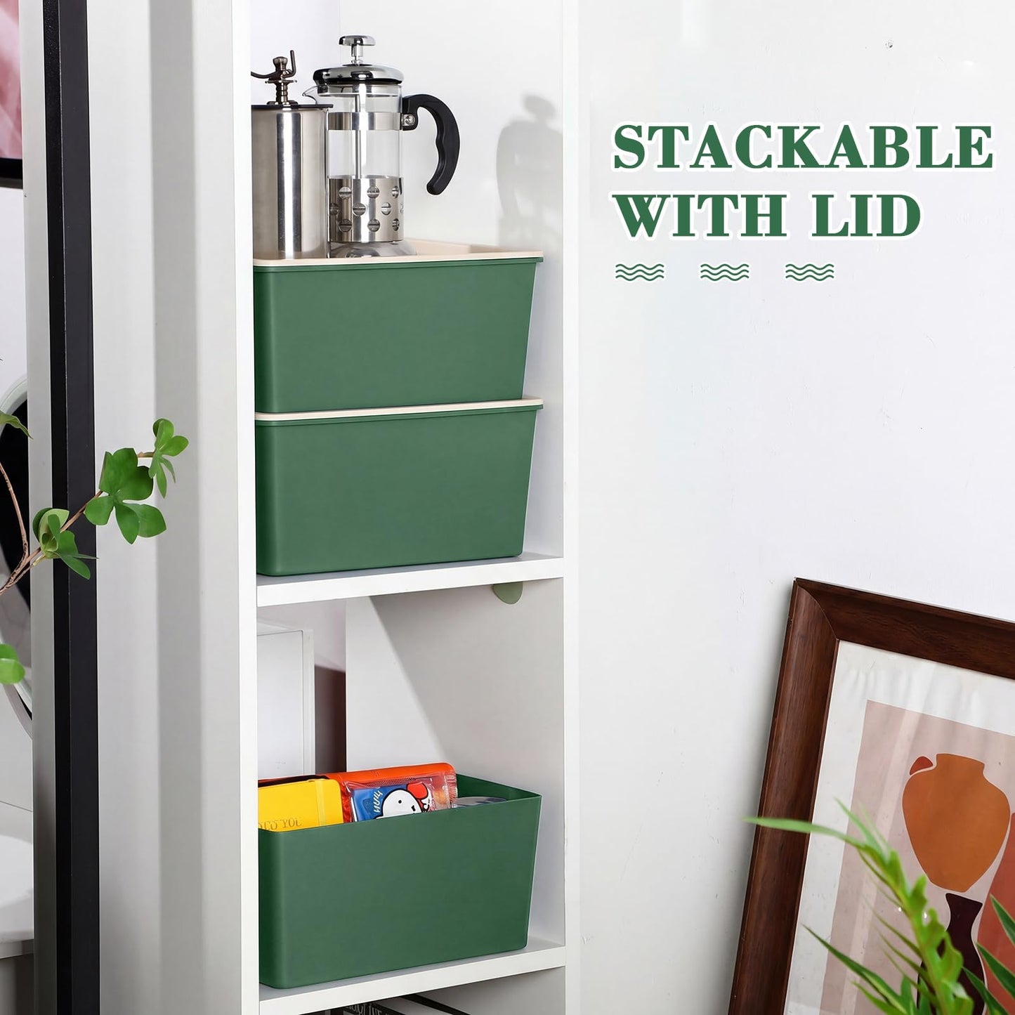 Menkxi 4 Pcs Storage Bins with Lids Plastic Stackable Containers for Organizing Shelves Christmas Ornament Box Baskets(Green,Large)
