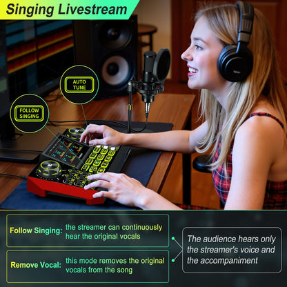 G9 Podcast Equipment Bundle with Audio Mixer for Streaming Singing, 3.5mm Condenser Microphone Kit, Voice Changer, Noise Reduction, Bluetooth, Plug & Play for PC, Phone, TikTok, YouTube