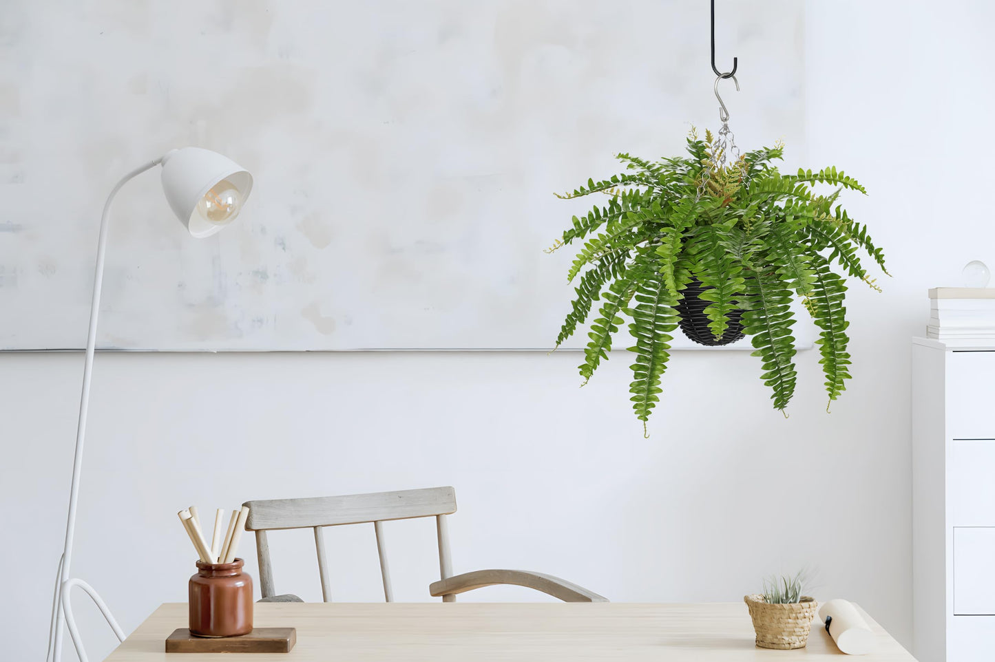Hollyone Artificial Fern Hanging Basket Plant 25" Boston Ferns 31 Leaves Greenery Plants with Rattan Pot for Outdoors & Indoor Fake Fern Bush Plant in Pot for Patio Entrance Porch Garden Decor Green