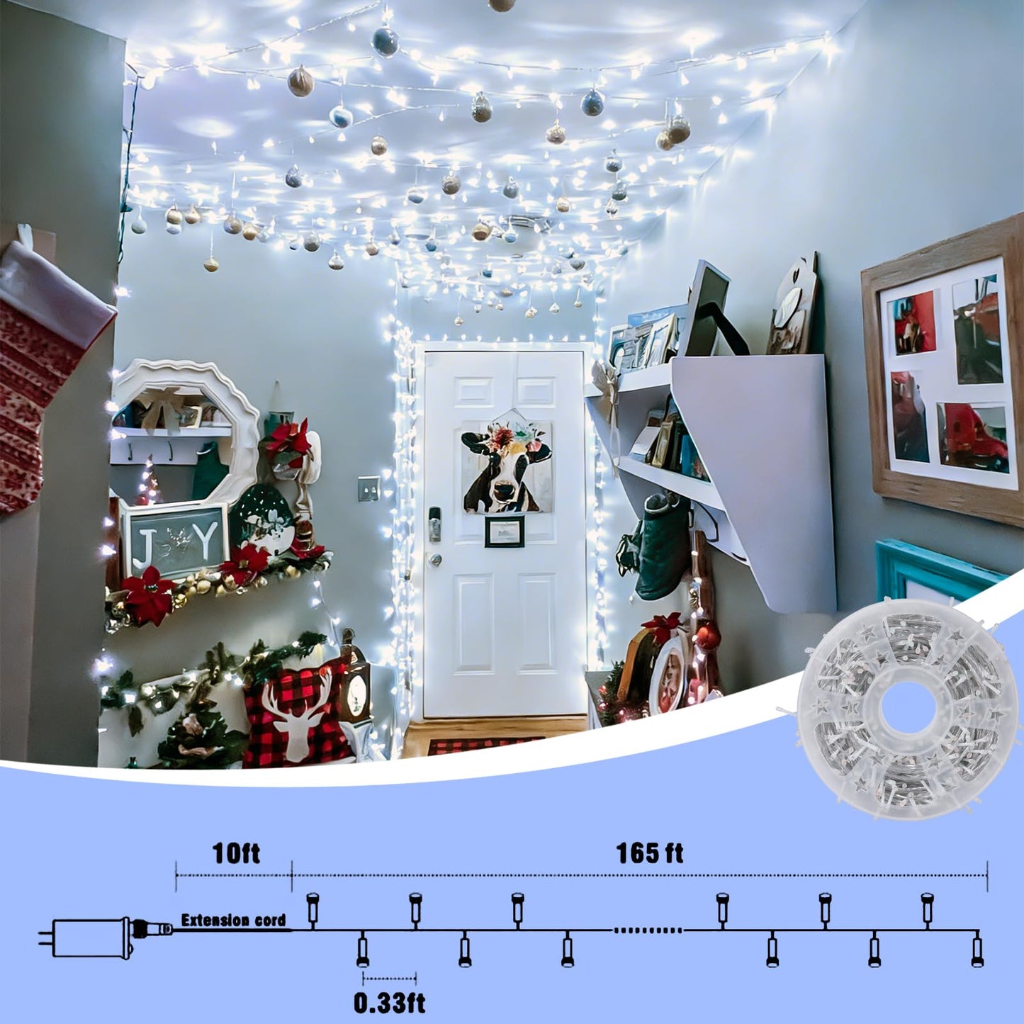 QITONG 500 LED White String Lights Outdoor Waterproof,165ft Clear Wire Christmas Lights Indoor Plug in,8 Modes Twinkle Fairy Lights for Patio Wedding Party Christmas Bedroom Decor