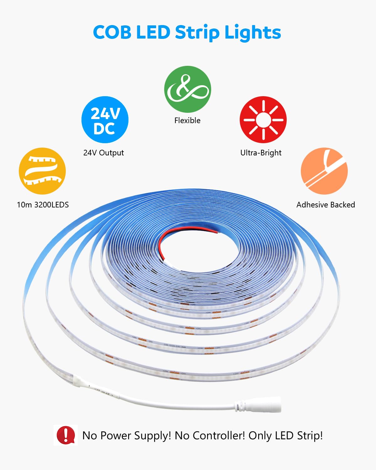 Aclorol 32.8ft Blue Led Strip Lights COB Led Strip Light 24V Flexible LED Tape Light for Bedroom Kitchen Cabinet Closet Other Home Indoor Decor 3200Leds 10M(Power Supply&Dimmer Not Included)
