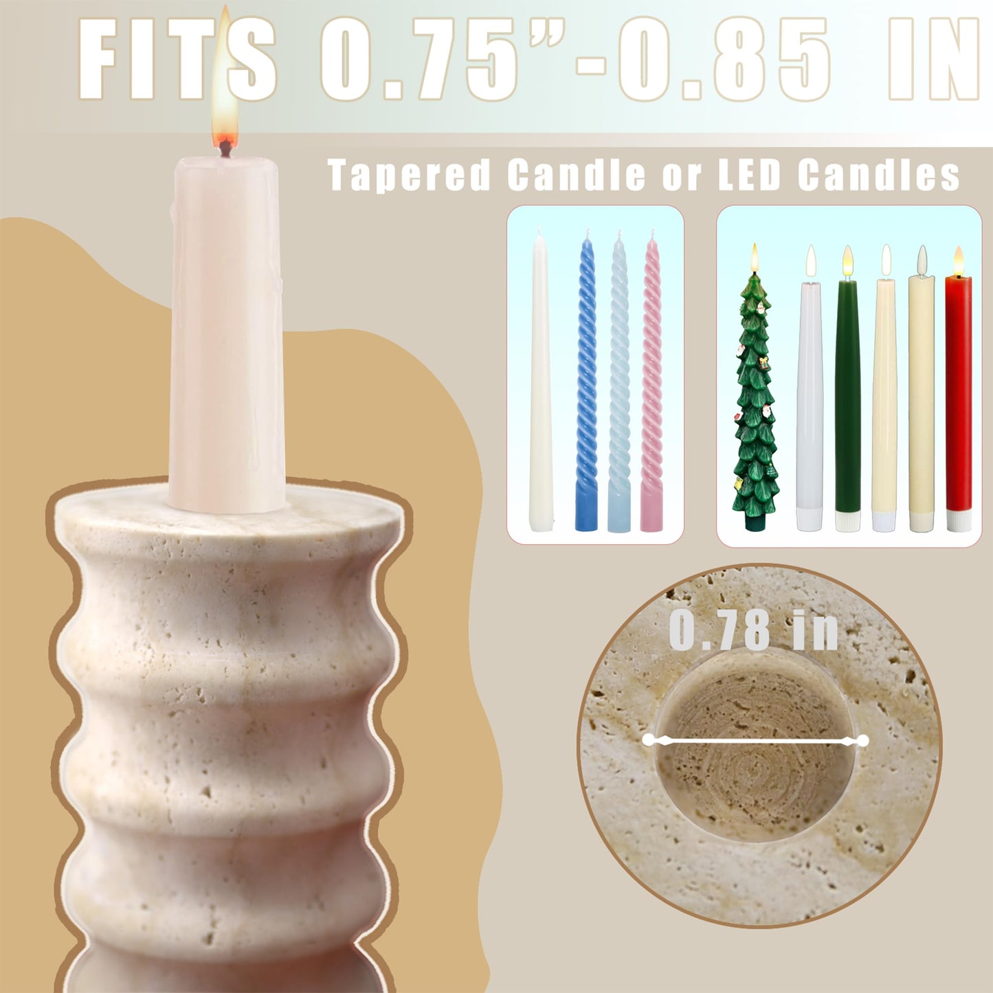 Candle Stick Holder Decor, Natural Travertine Stone Candlestick Holders for 3/4 Inch Candlesticks, Pillar & Taper Candles, Rustic Table Centerpieces, Home Dining Party Wedding Birthday,Fit 0.75-0.85"