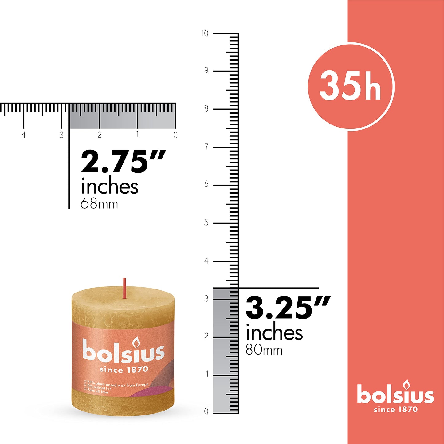 BOLSIUS 4 Pack Yellow Rustic Pillar Candles - 2.75 X 3.25 Inches - Premium European Quality - Includes Natural Plant-Based Wax - Unscented Dripless Smokeless 35 Hour Party and Wedding Candles