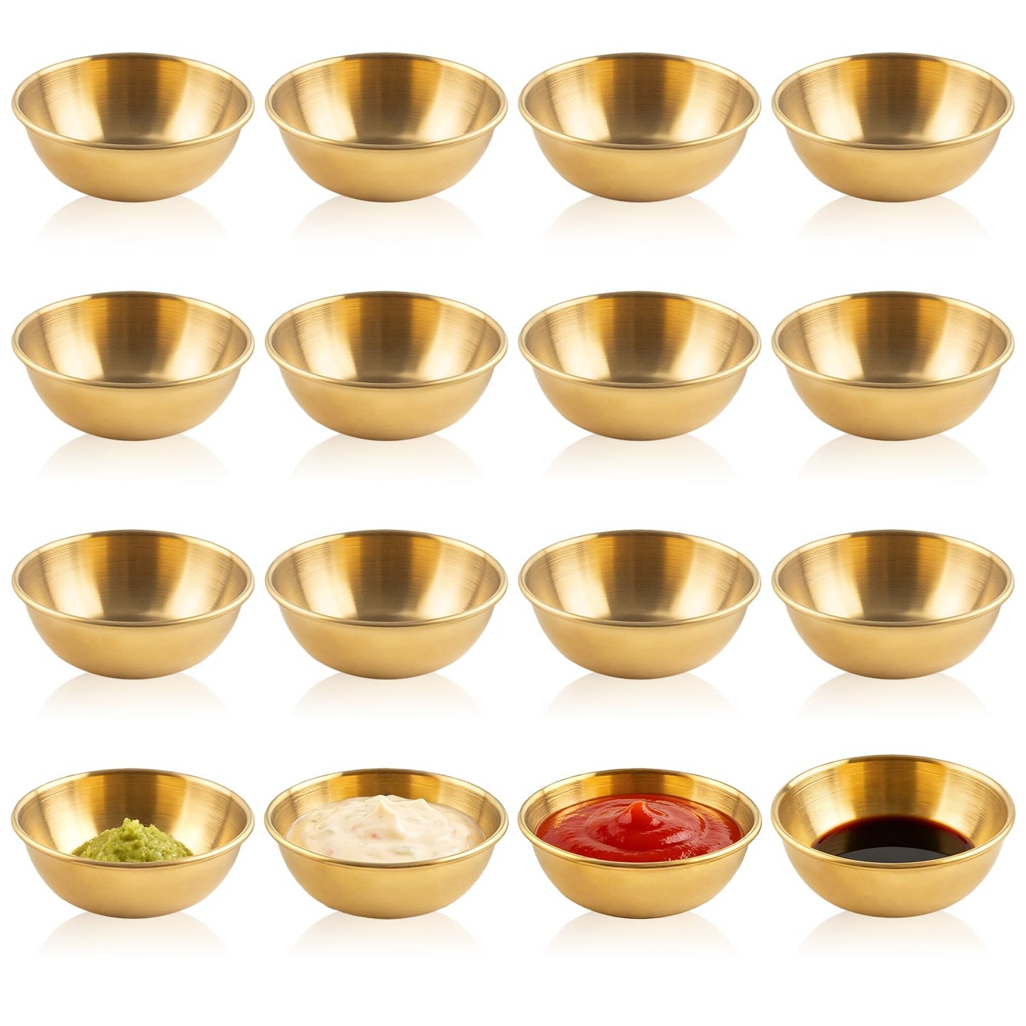 Orepzinc 16 Pcs 3.5 inch Stainless Steel Sauce Dishes Mini Individual Saucers Bowl Round Seasoning Dishes Sushi Dipping Bowl Appetizer Plates (Gold)