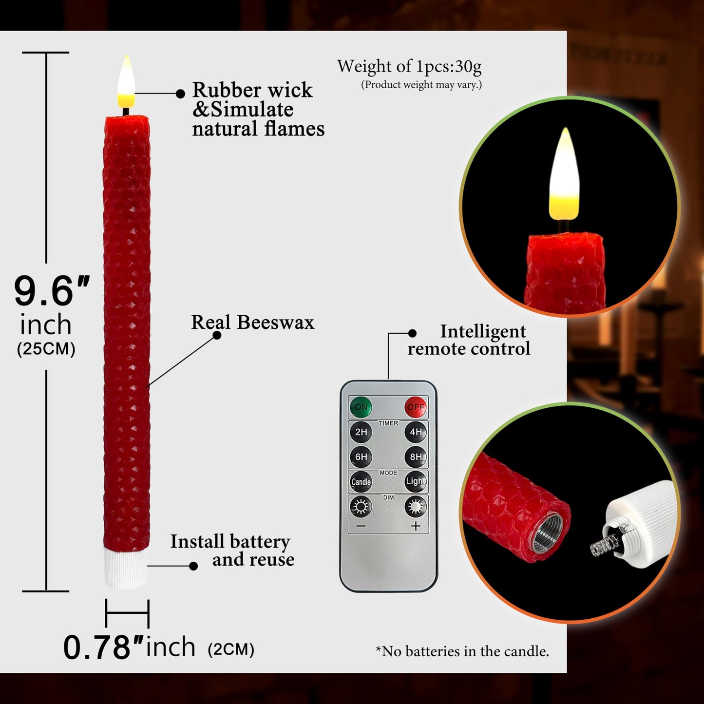 FCMSHAMD Christmas Red&Green Honeycomb Flameless Taper Candles, 9.5 Inch Flickering Candles with Remote and Timer, Real Beeswax Battery Operated Led Candle for Christmas Party Home Decoration, 6PCS