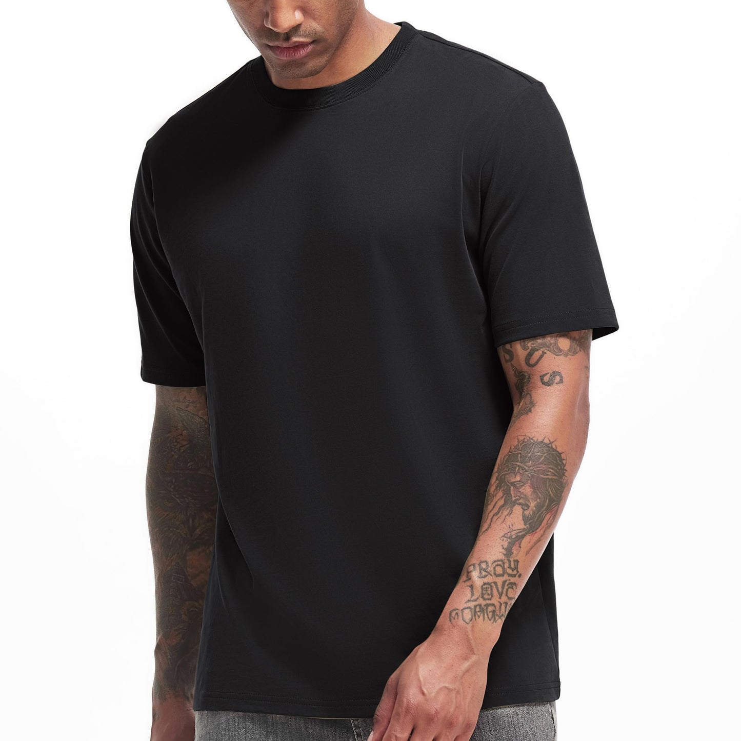 VEIISAR Men's Heavy Weight Crew Neck T-Shirt Mens Premium Cotton Tee Black L